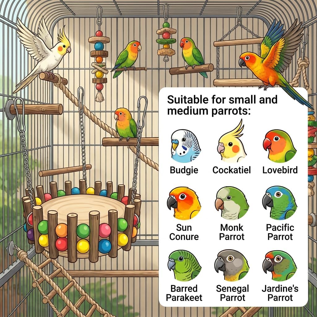 KraAra 3-in-1 Parrot Hammock Bird Nest Bed Swing Toys with Wood Perch