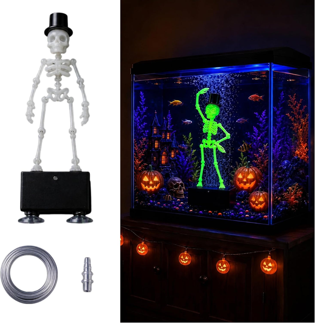 Fluorescent Green Dancing Skeleton Aquarium Bubbler with 3.3 ft Hose