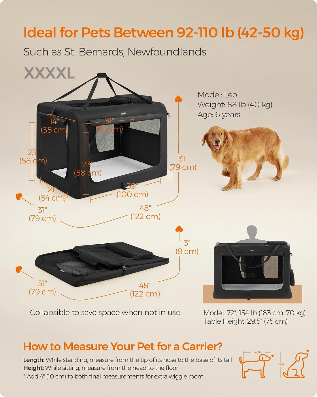 Feandrea 48 Inches Collapsible Soft Dog Crate