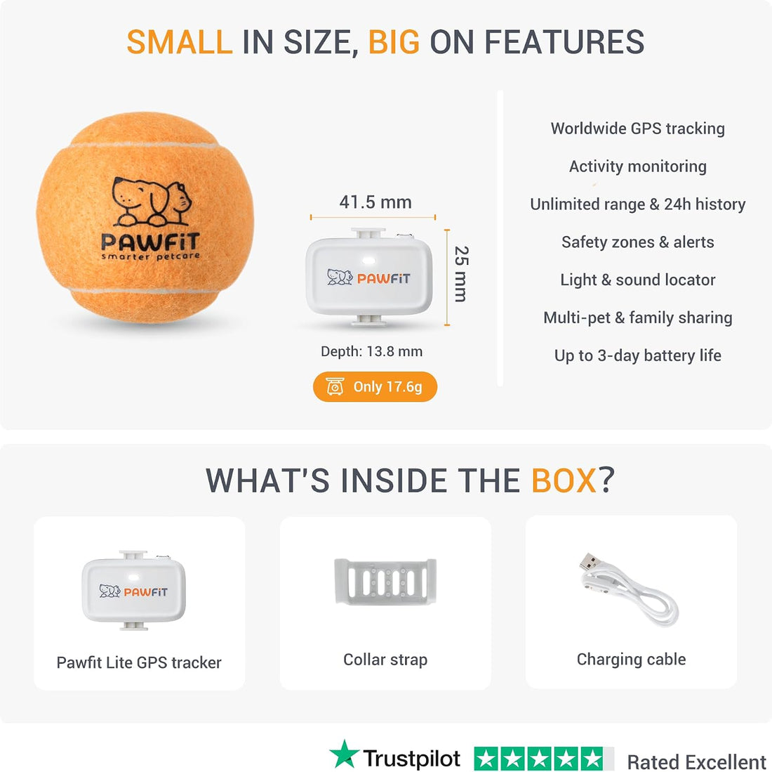 Pawfit Lite 4G GPS Dog Tracker, Live Tracking, Ultra-Light