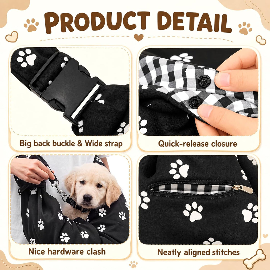 Shoulder Bags for Small Dogs, Dog Shoulder Carrier, Dog Paw, Black, M