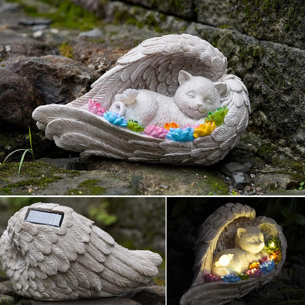 VKEVOC Cat Memorial Stone,Solar Angel Cat Statue Figurine