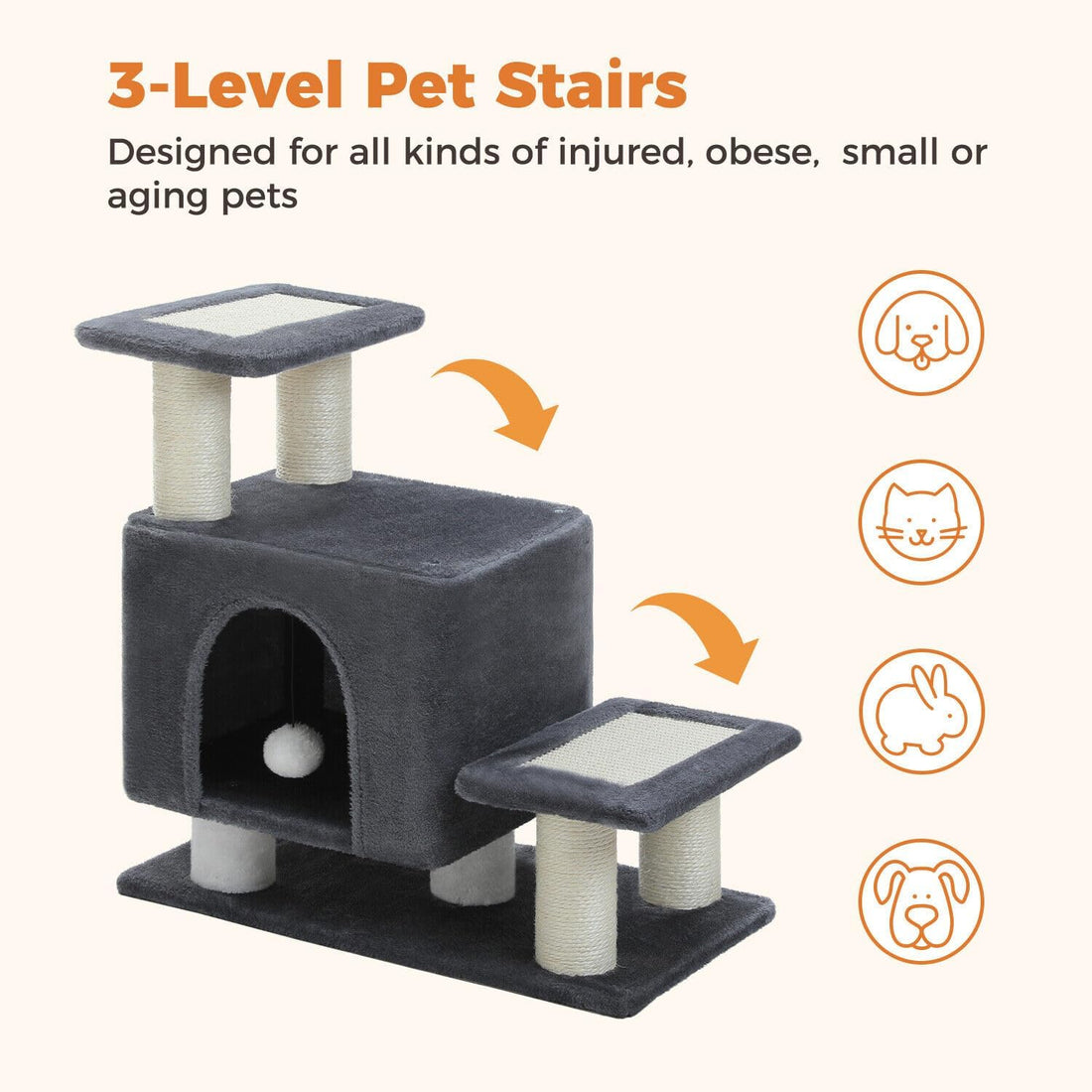 3-in-1 Cat Stairs with Scratching Post & Condo, Pet Steps