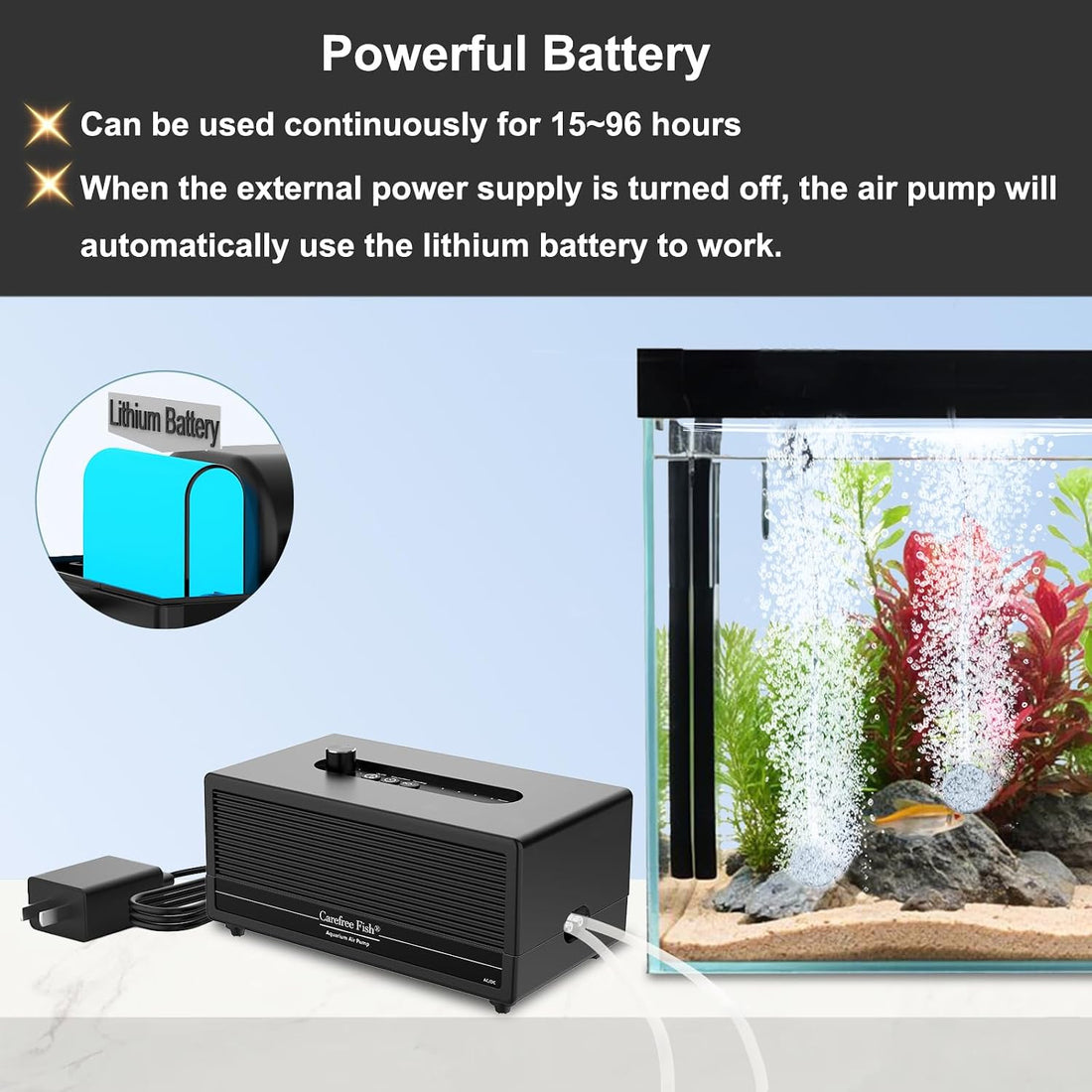 Carefree Fish Aquarium 6W Battery Backup AC DC Auto Switch Air Pump