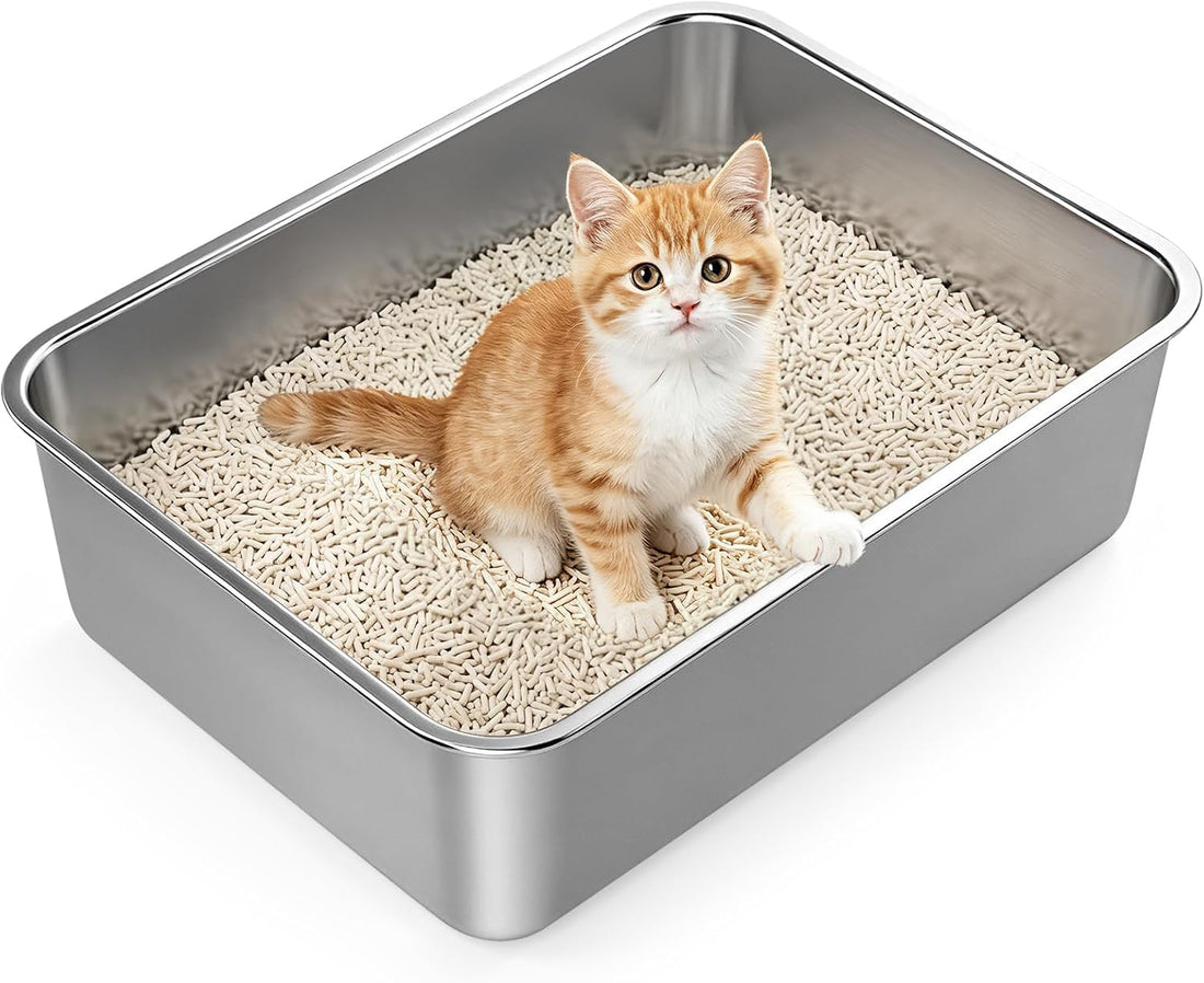 XL Open Top Stainless Steel Litter Box with High Sides,Light Gray