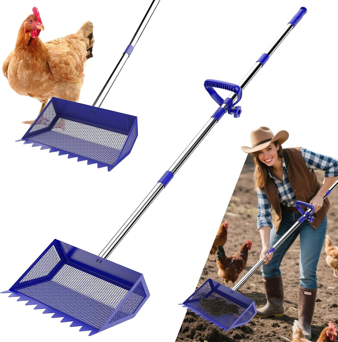 Chicken Poop Scooper Rake 2-in-1,304 Stainless Steel Shovel Head