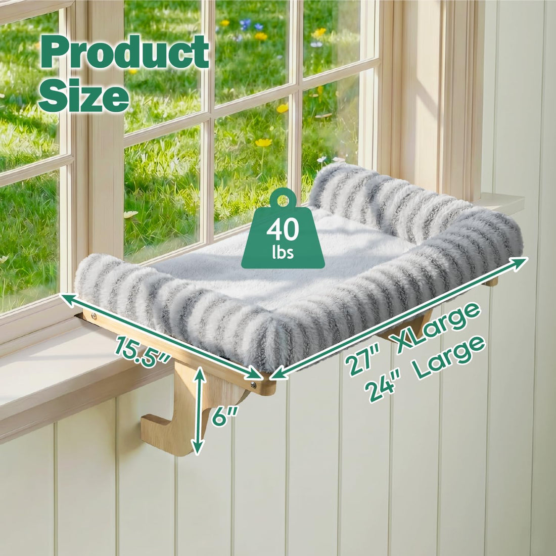 Zakkart Mellow Cat Perch for Windowsill with Hardwood Frame (Gray, L)