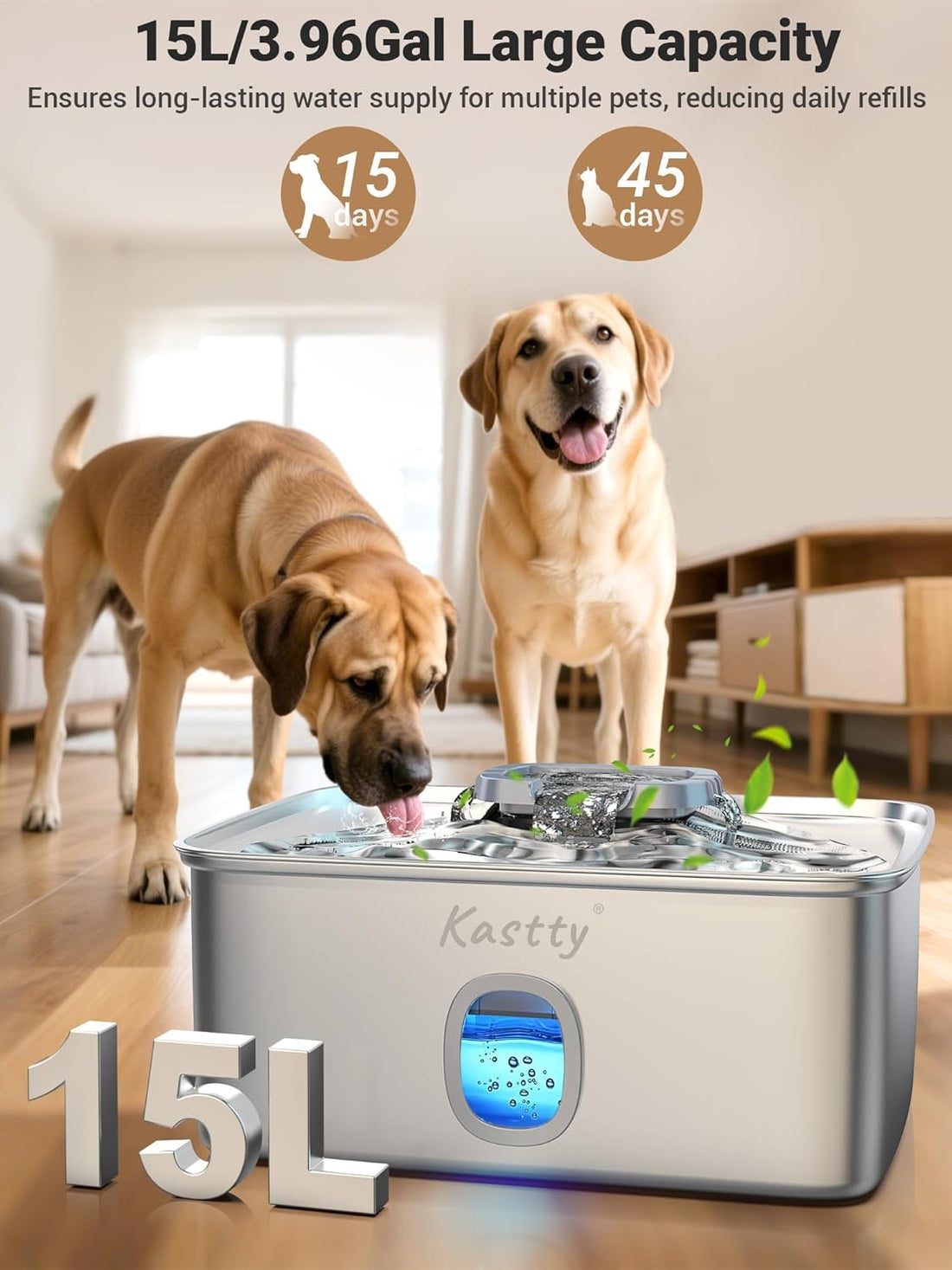 Kastty 4 Gal Dog Water Fountain for Large Dogs,15L Stainless Steel