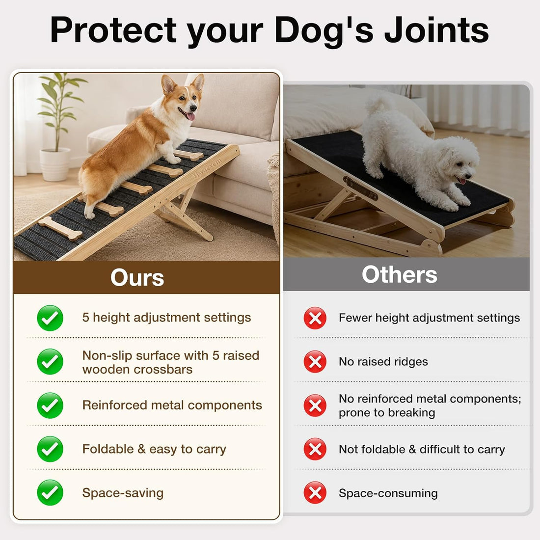 Dog Ramp for Bed & Couch, Height Adjust Foldable Wooden Pet Ramp