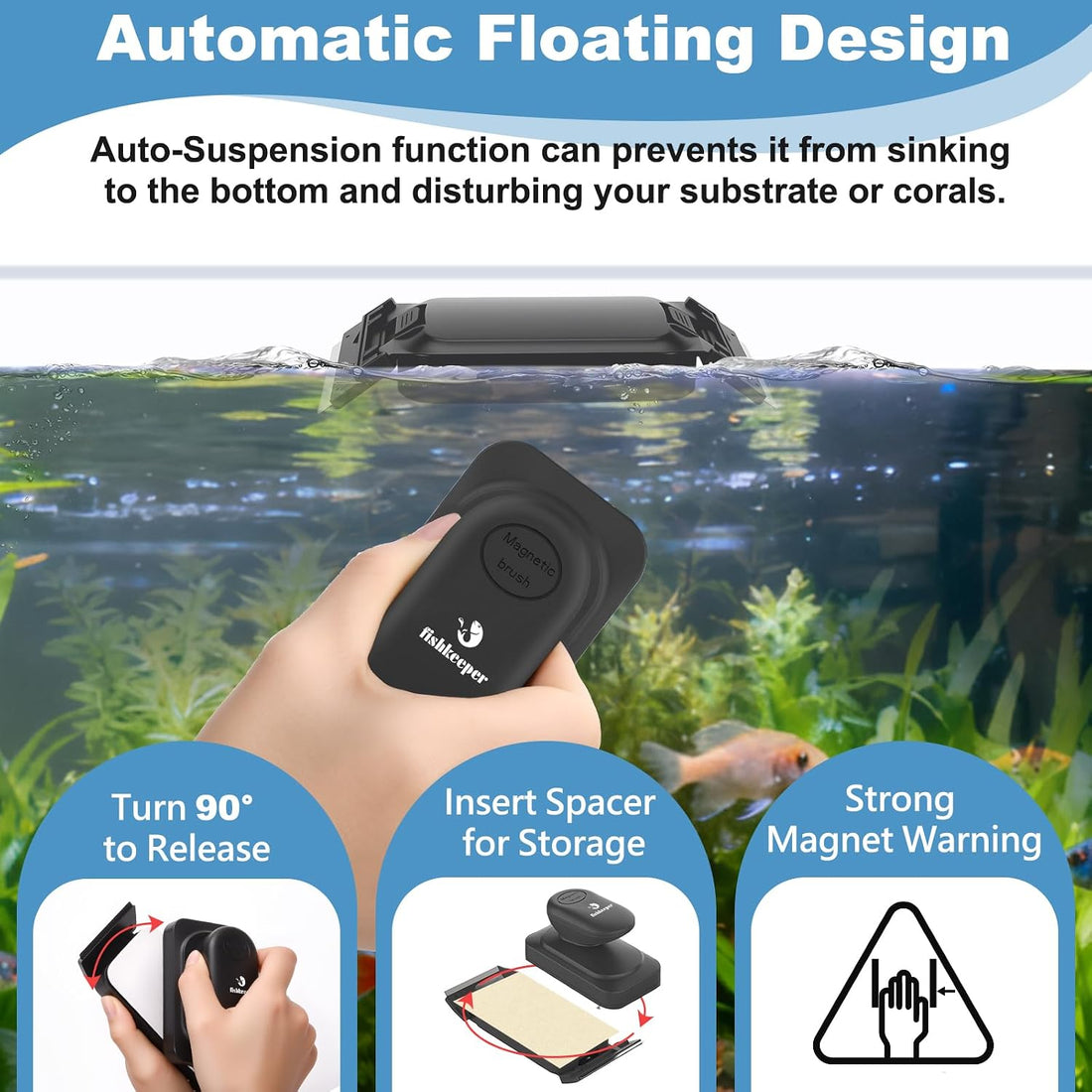 fishkeeper Dual-Blades Magnetic Aquarium Glass Cleaner with 4 Algae