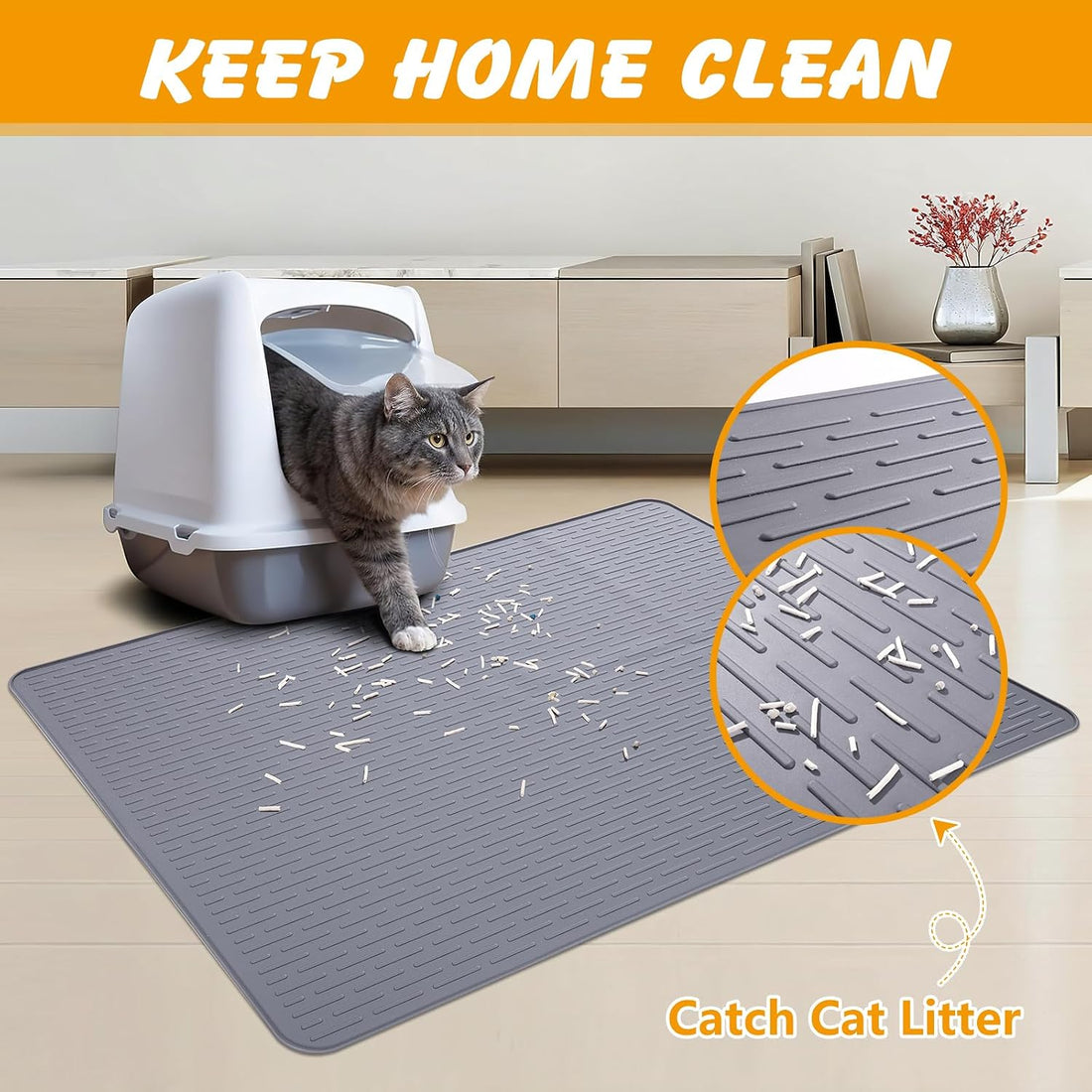 Silicone Cat Litter Mat, Waterproof, Raised Edge, 28 x 20 in, Gray
