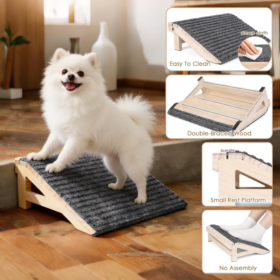 Dog Stairs Ramp for Small & Aged Dogs, Wooden Anti-Slip Pet Steps
