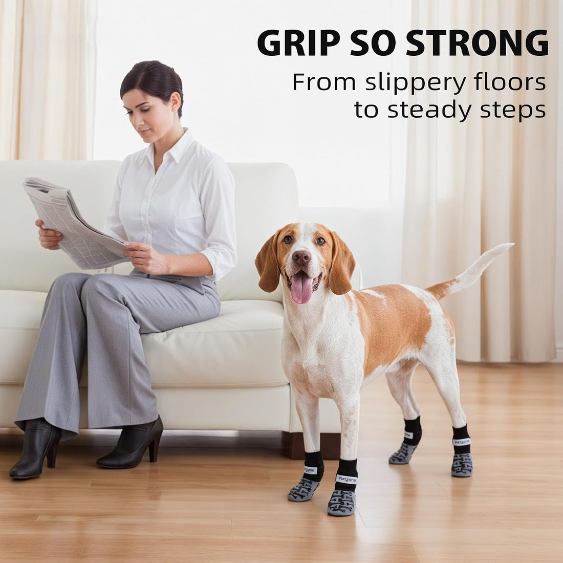 Non-Slip Dog Socks with Bone Paw Grips, 6 Pairs, Grey, L