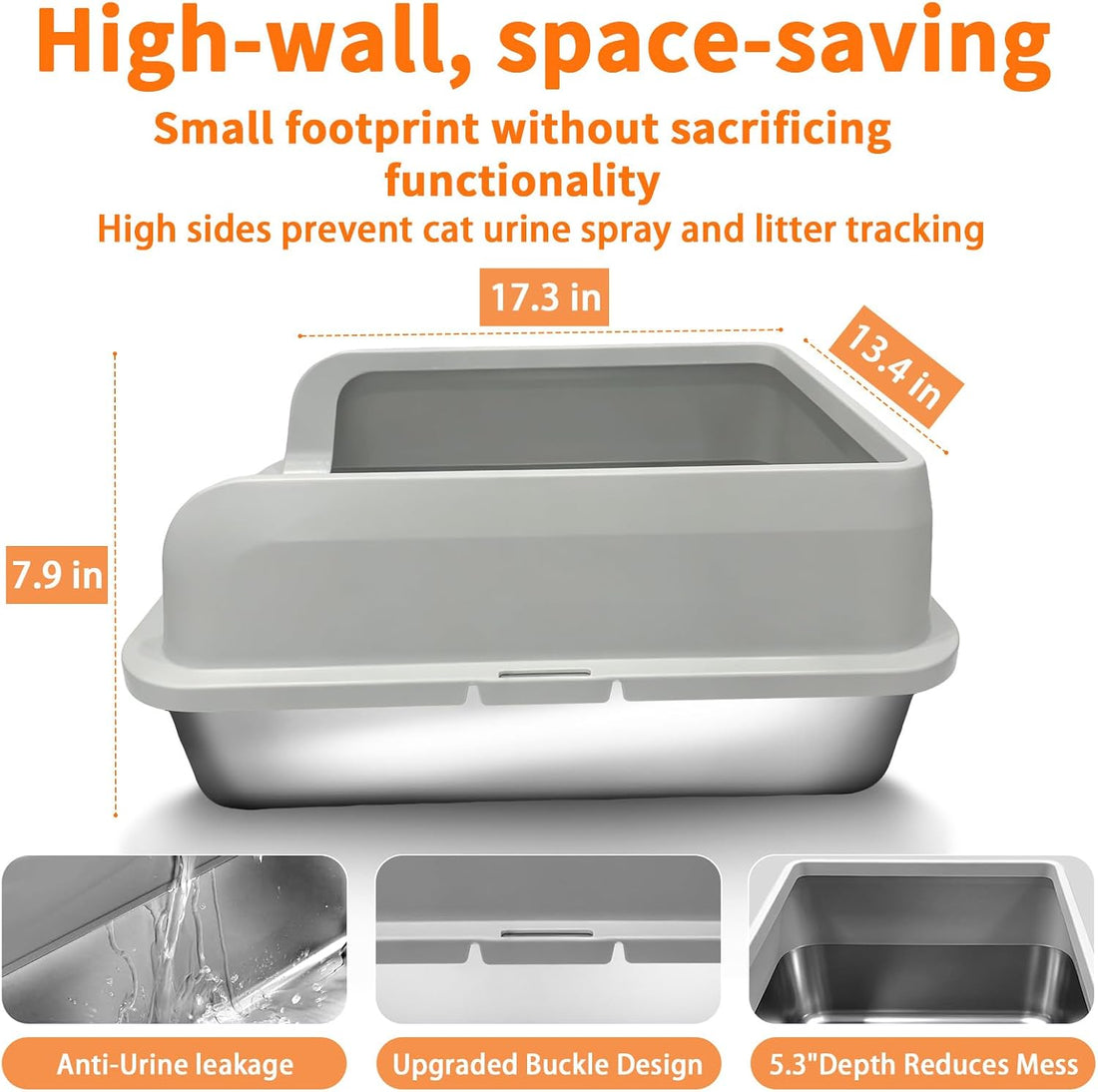 Stainless Steel Litter Box, Covered with Lid, 17.3x13.4x7.9in