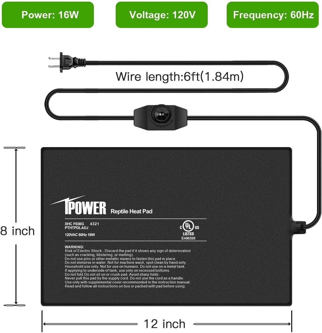 iPower 8 by 12 Inch Reptile Heating Pad with Temperature Adjustable