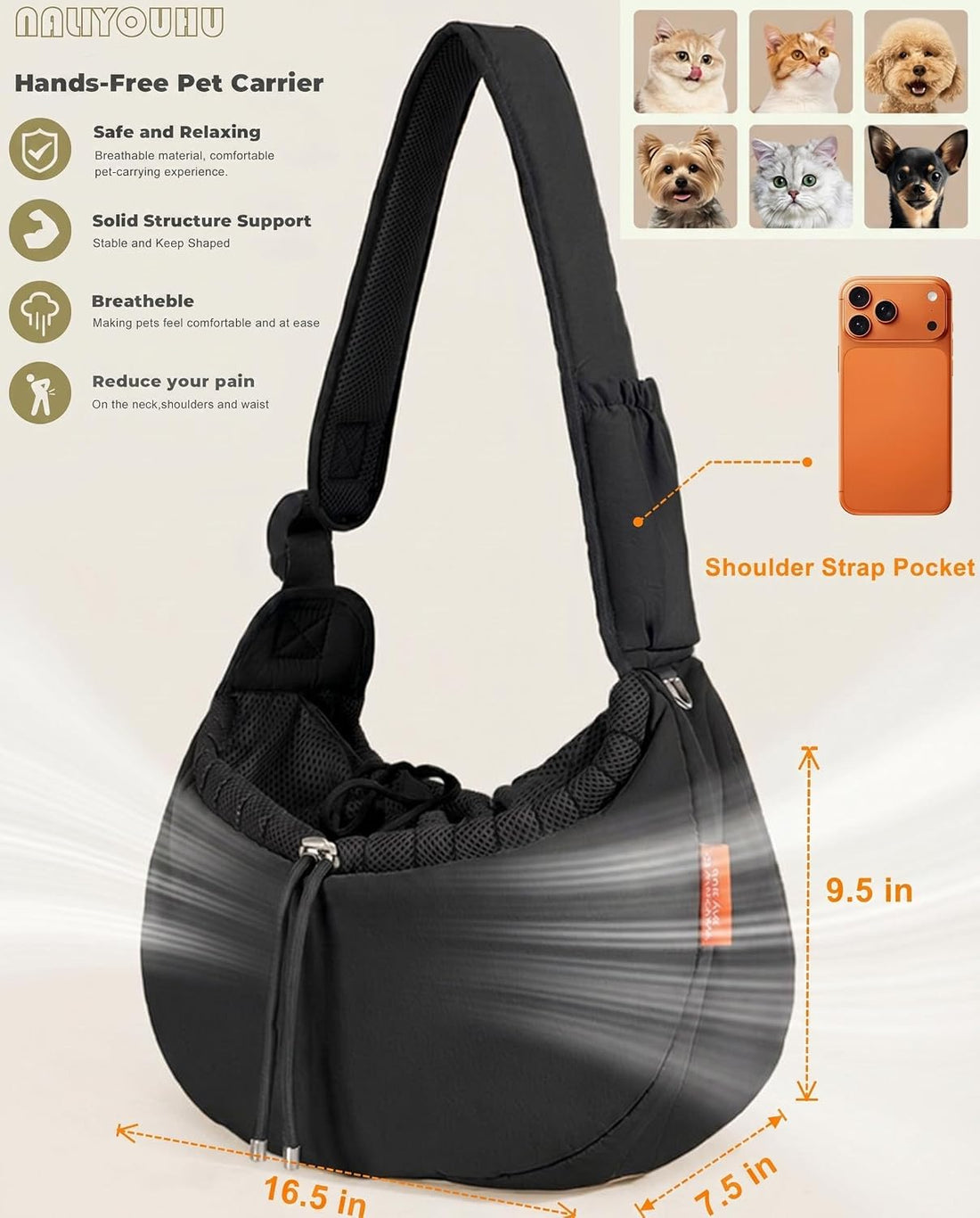 Pet Sling Carrier for Small Dogs/Cats up to 15 lb,Adjustable Shoulder