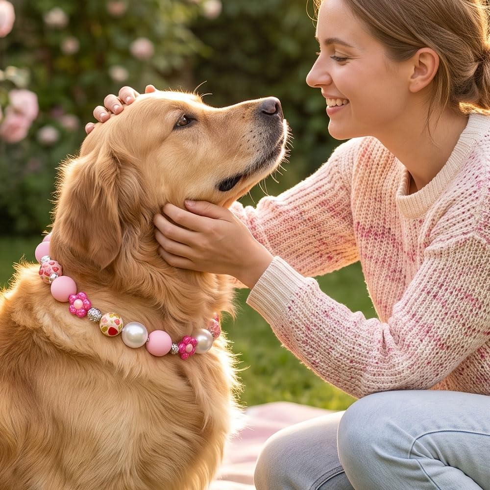 Pink Floral Beaded Collar Necklace for Dog Pet Costume Accessory