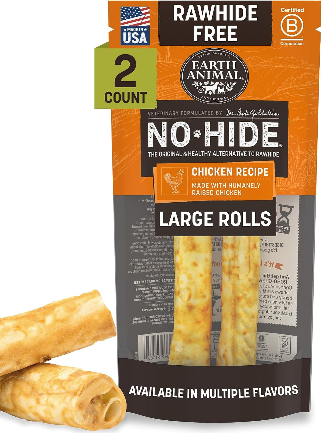 Earth Animal No Hide Dog Chews - Rawhide Free Large Rolls 2 Count