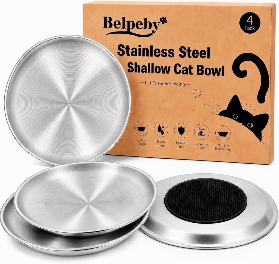 4 Pack Stainless Steel Shallow Cat Bowls,Whisker Safe Cat Plates