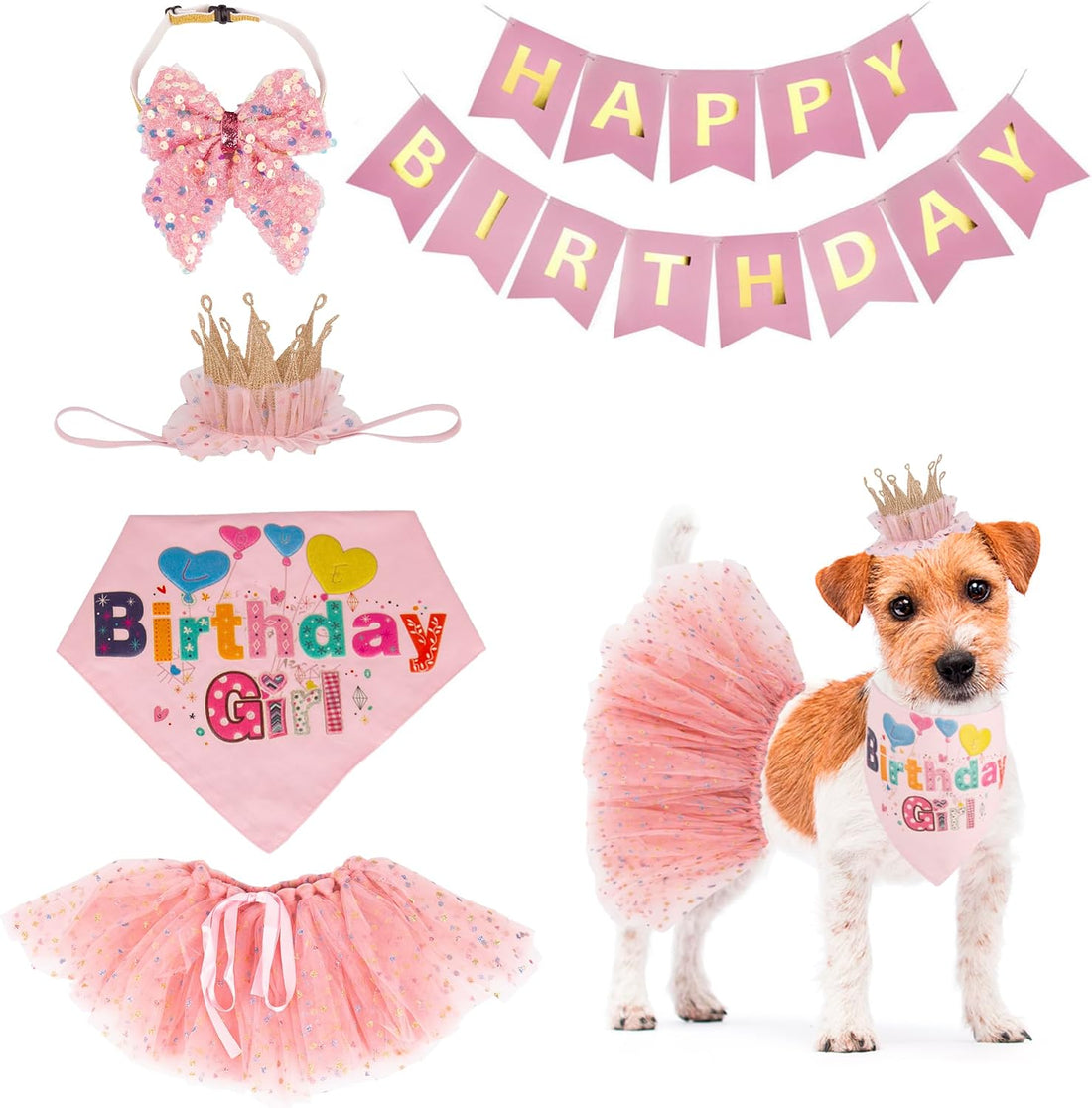 ADOGGYGO Dog Birthday Hat, Pink Birthday Girl Bandana & Tutu Set
