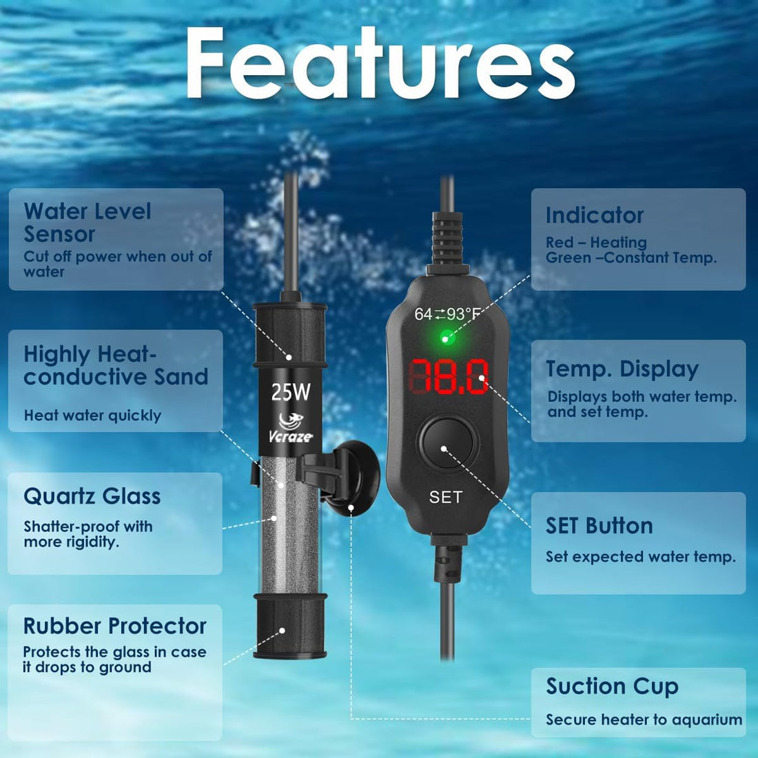 25W Compact Adjustable Aquarium Heater with Dry-Run & Overheat