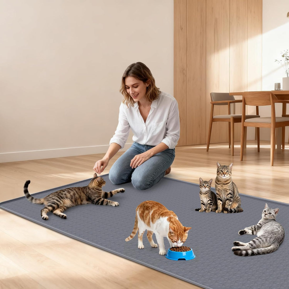 Cat Food Mat 51" x 26" Large Silicone Mat with Raised Edge Gray