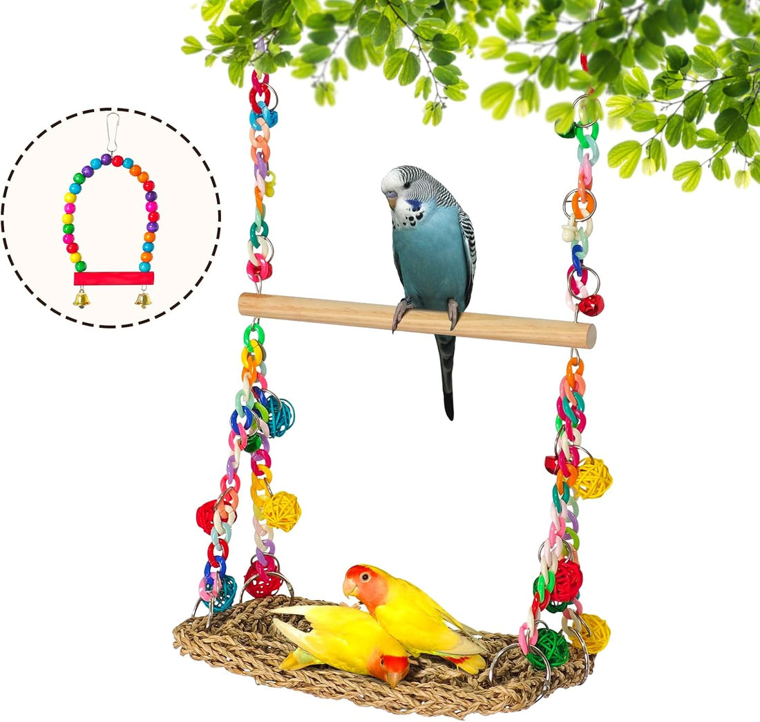 Natural Bird Swing Toys with Wood Perch,Double Layer Bird Seagrass