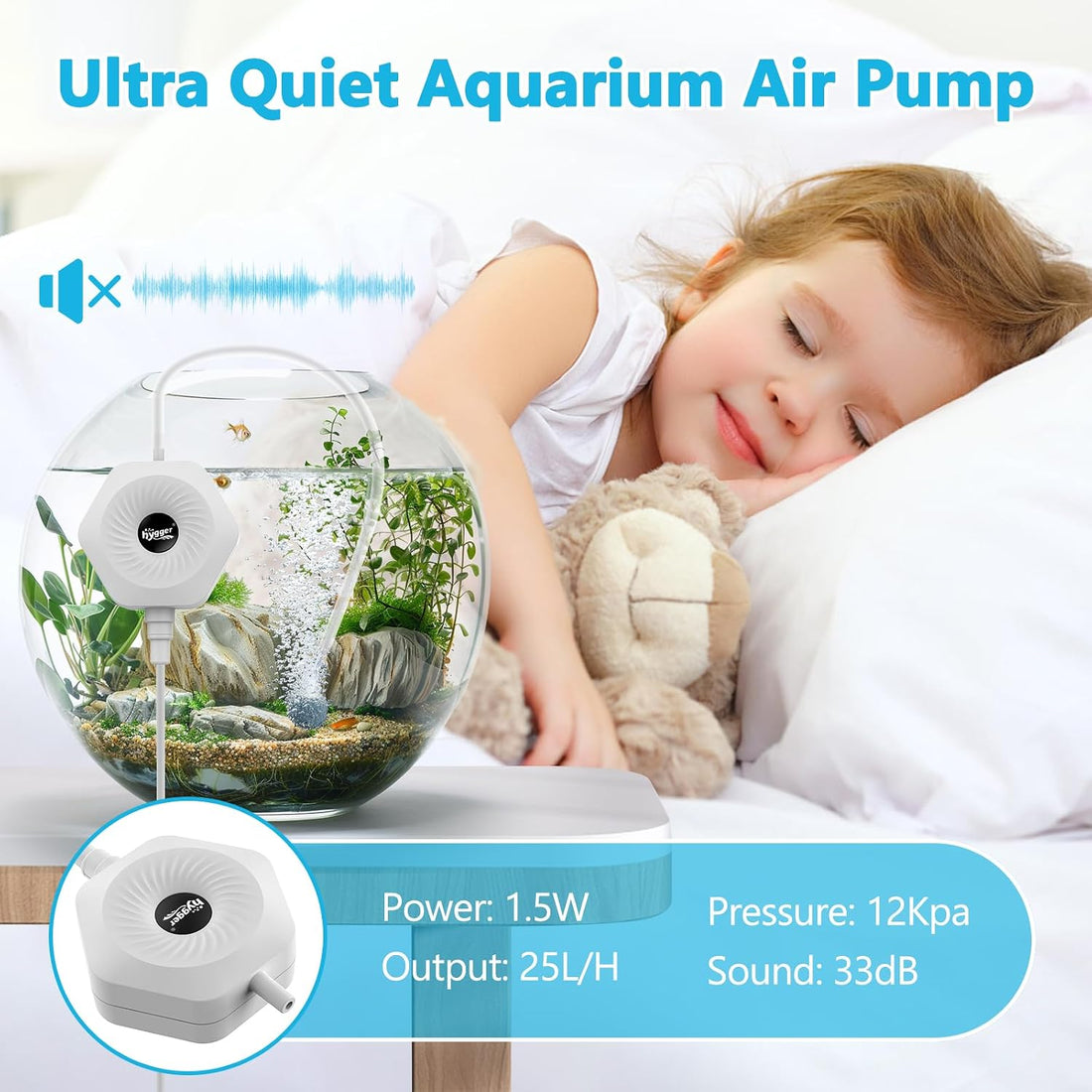 hygger Ultra Silent 1.5W Fish Bowl Aqaurium Mini Air Pump