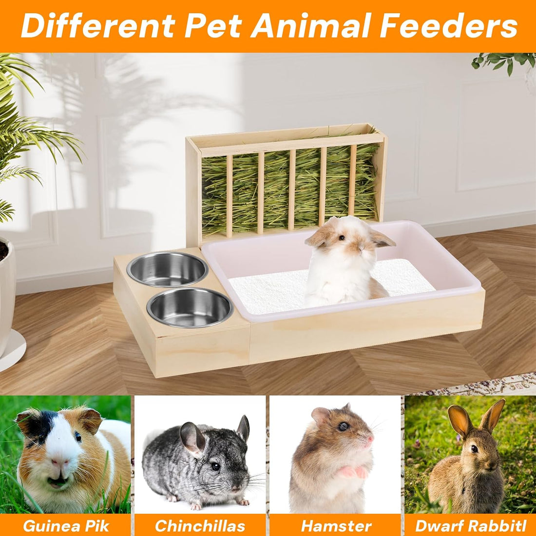 3-in-1 Wooden Rabbit Hay Feeder with Litter Box