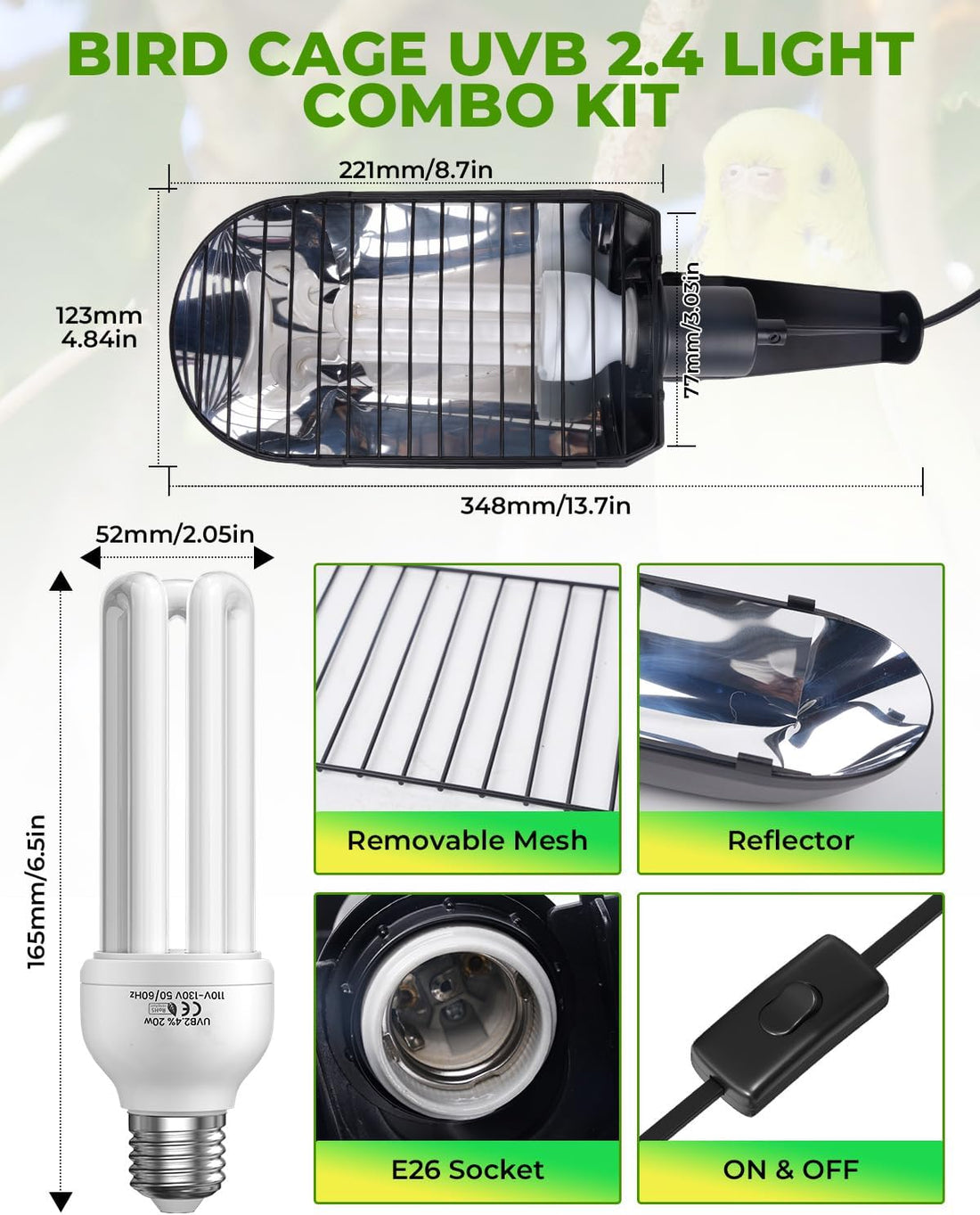 GlowUp UVB 2.4 Bird Cage Light Combo Kit, 20W UVB Bird Light Bulb