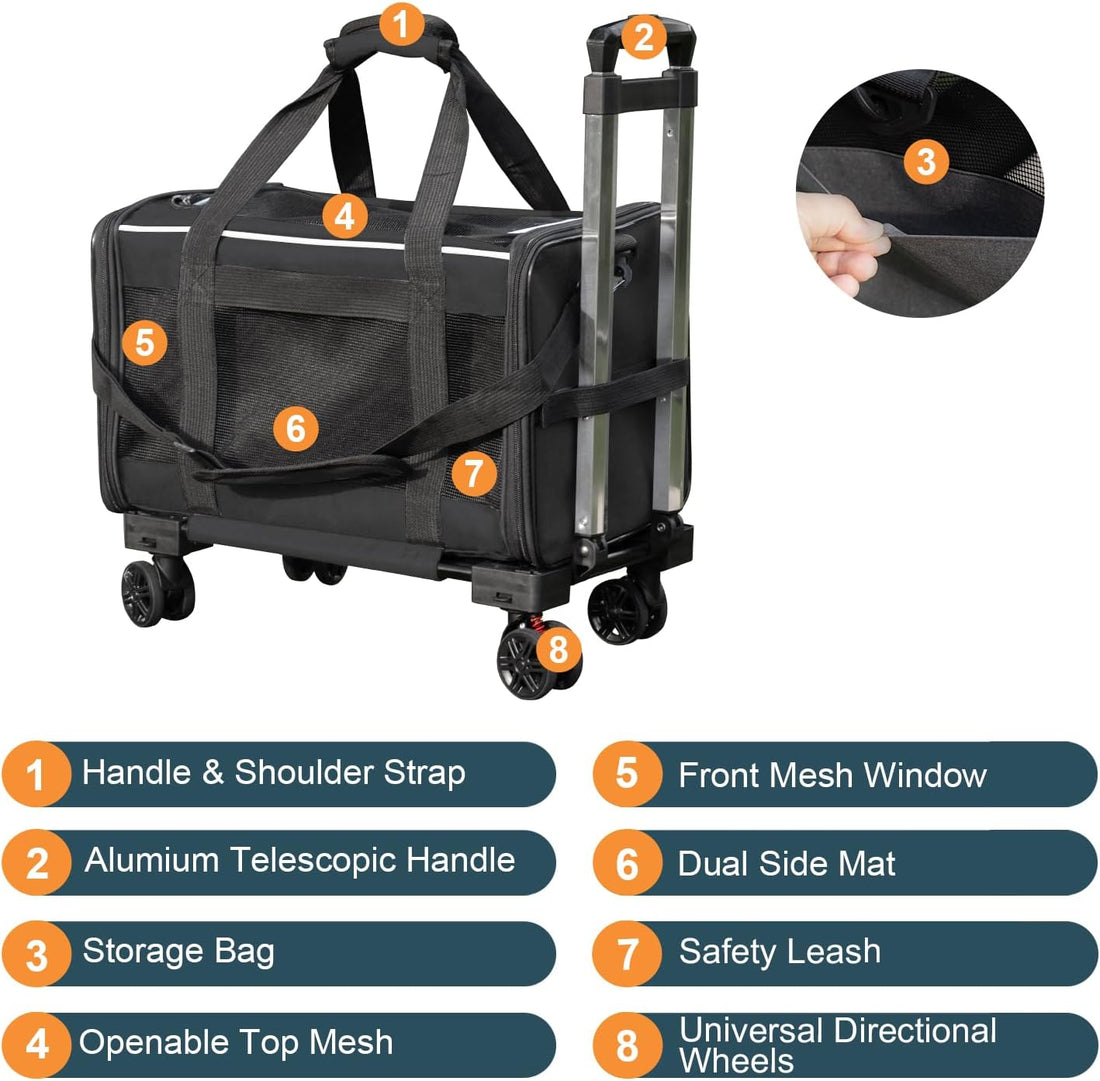 Pet Carrier with Wheels - Soft-Side Wheeled Cat Carrier for Dogs
