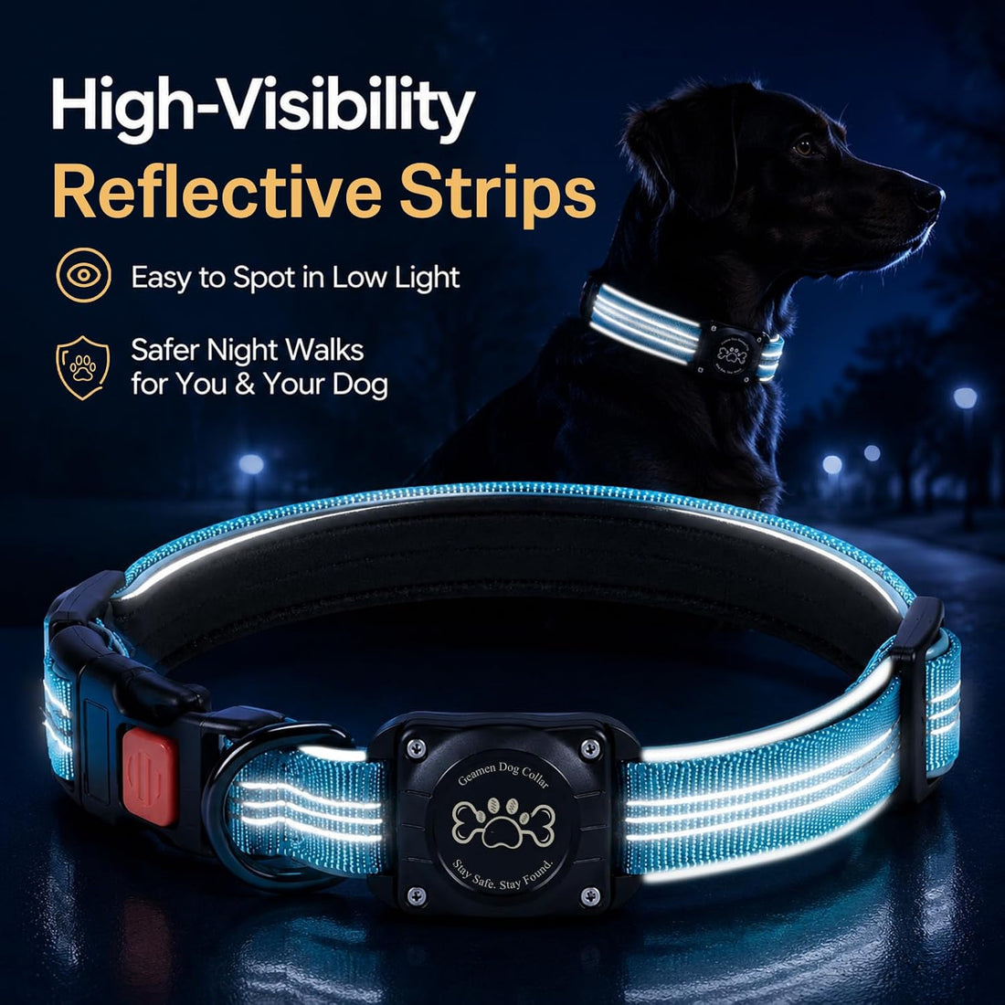 Dog Collar with AirTag Holder IP68 Waterproof Reflective Collar Blue M