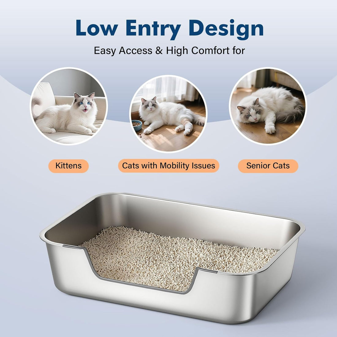 Qiuma Stainless Steel Cat Litter Box with Low Entry
