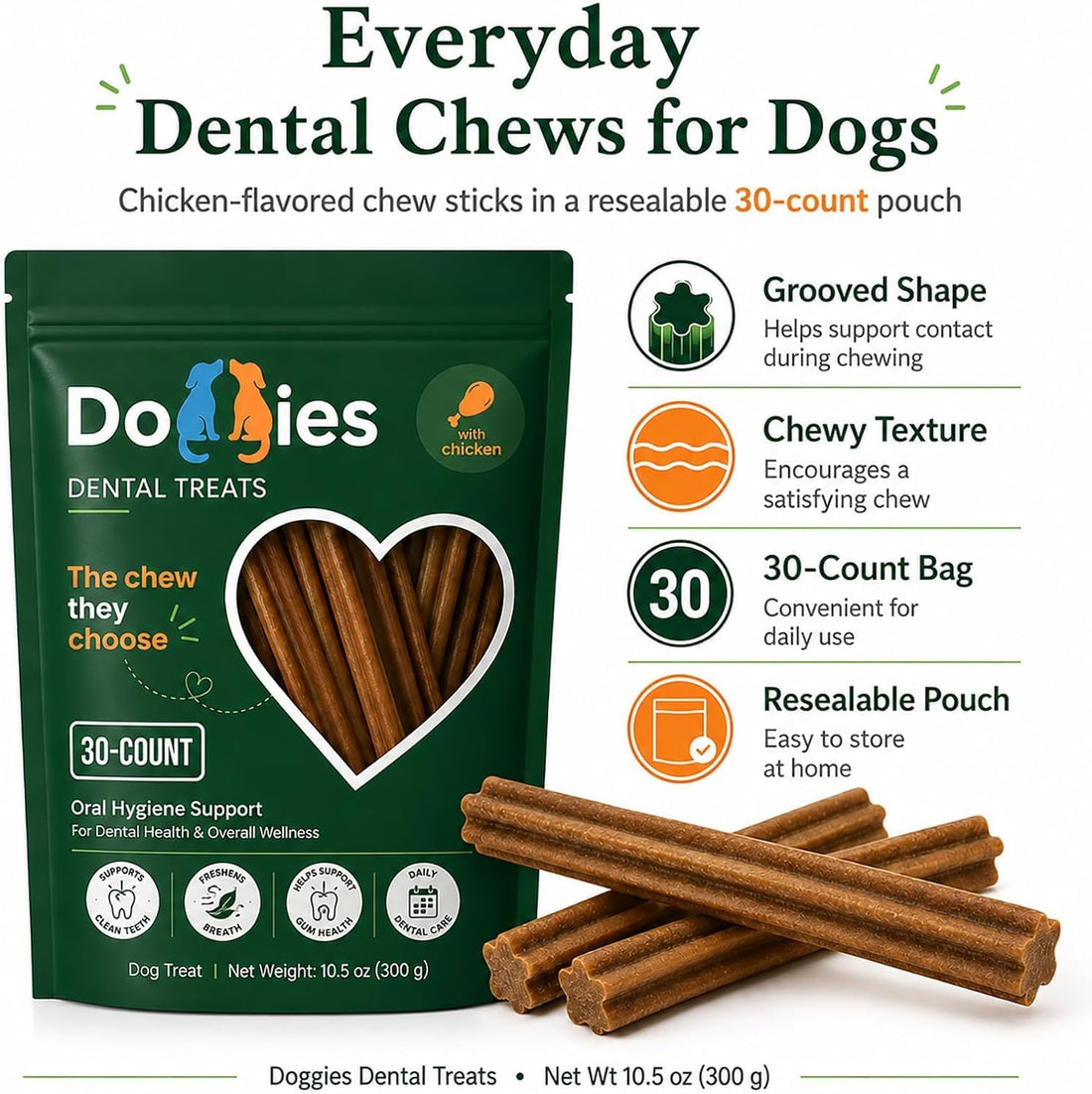 Doggies Dental Treats with Lactoferrin, Chicken Flavor, 30 Count