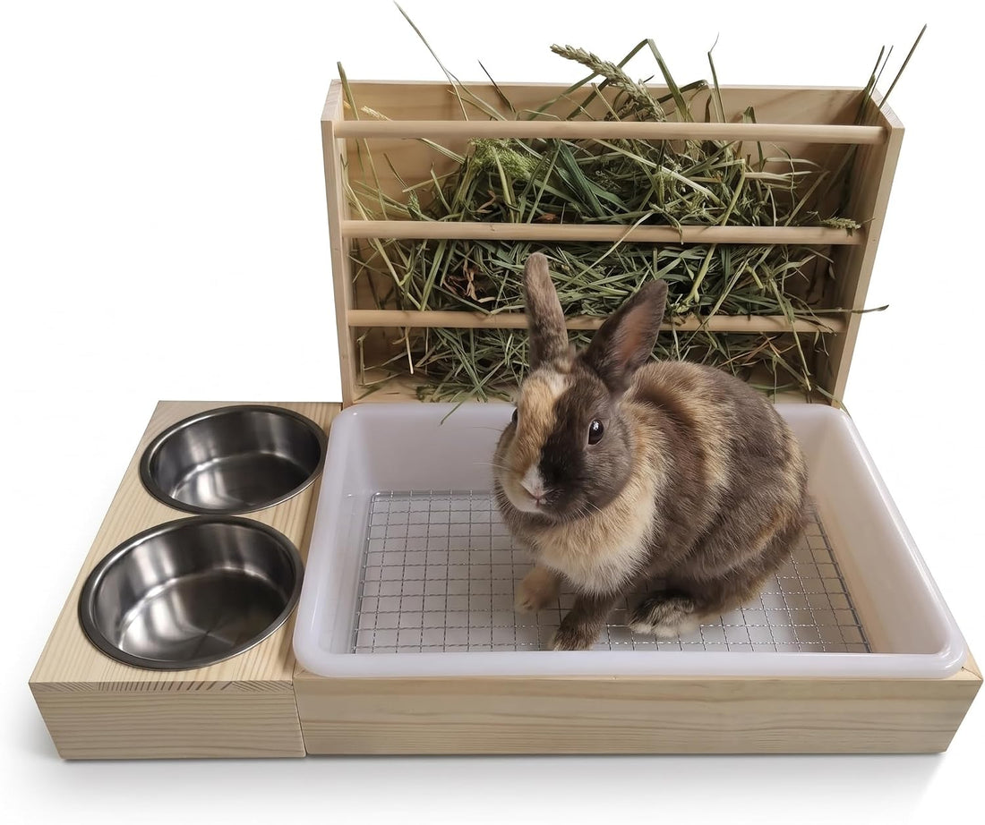 XL Wooden Rabbit Litter Box with Hay Feeder & Dual Stainless Steel