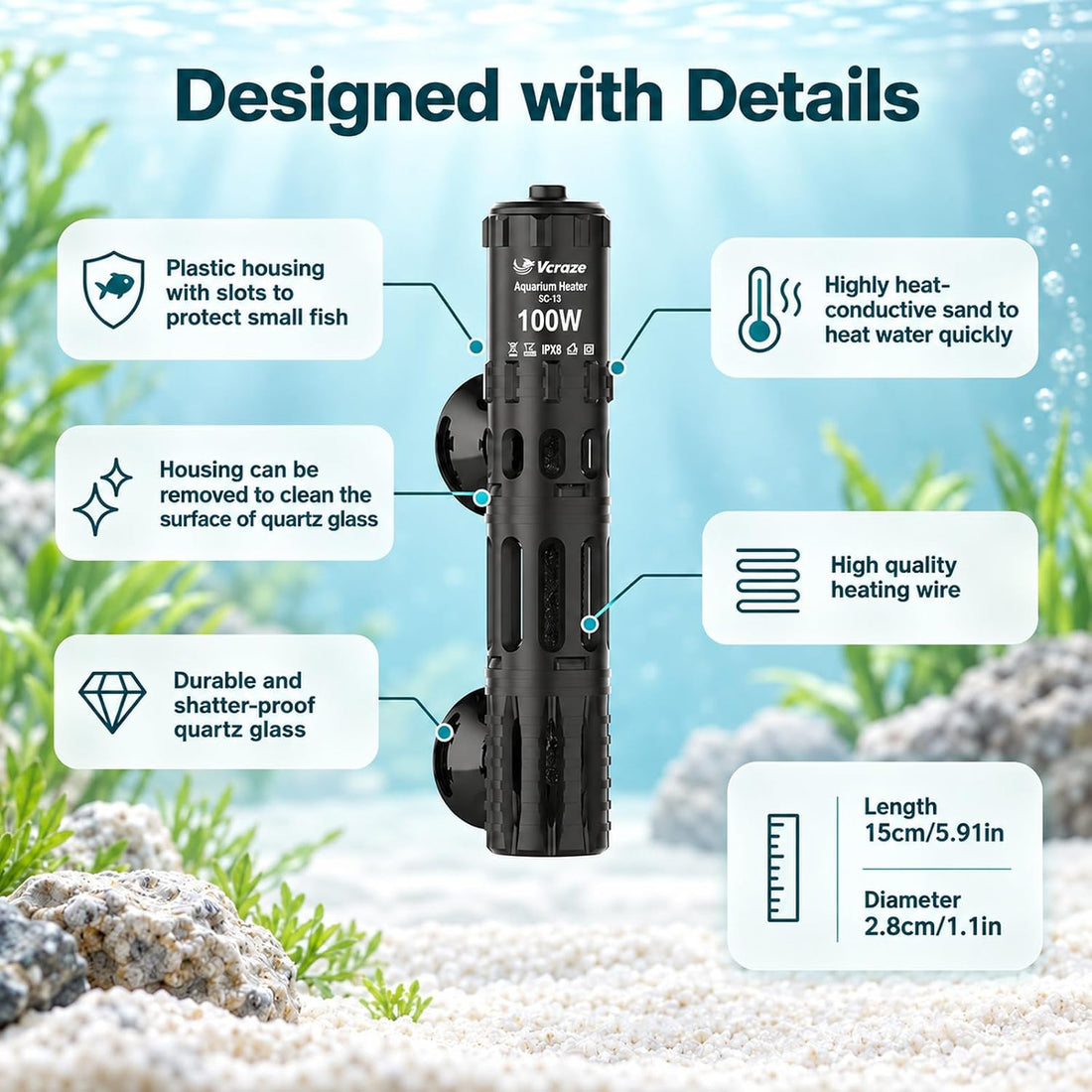 100W Aquarium Heater for 10-20 Gal Tanks with External LED Temp