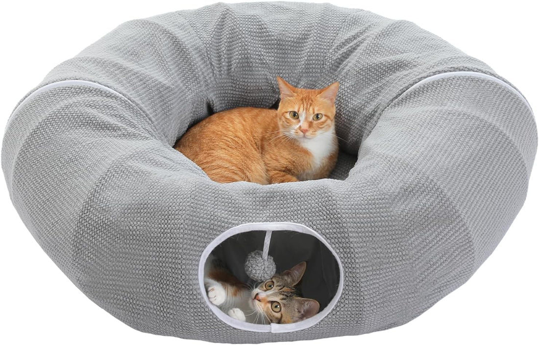 PEQULTI Grey Donut Cat Tunnel Bed Washable Plush Mat Multi for Small