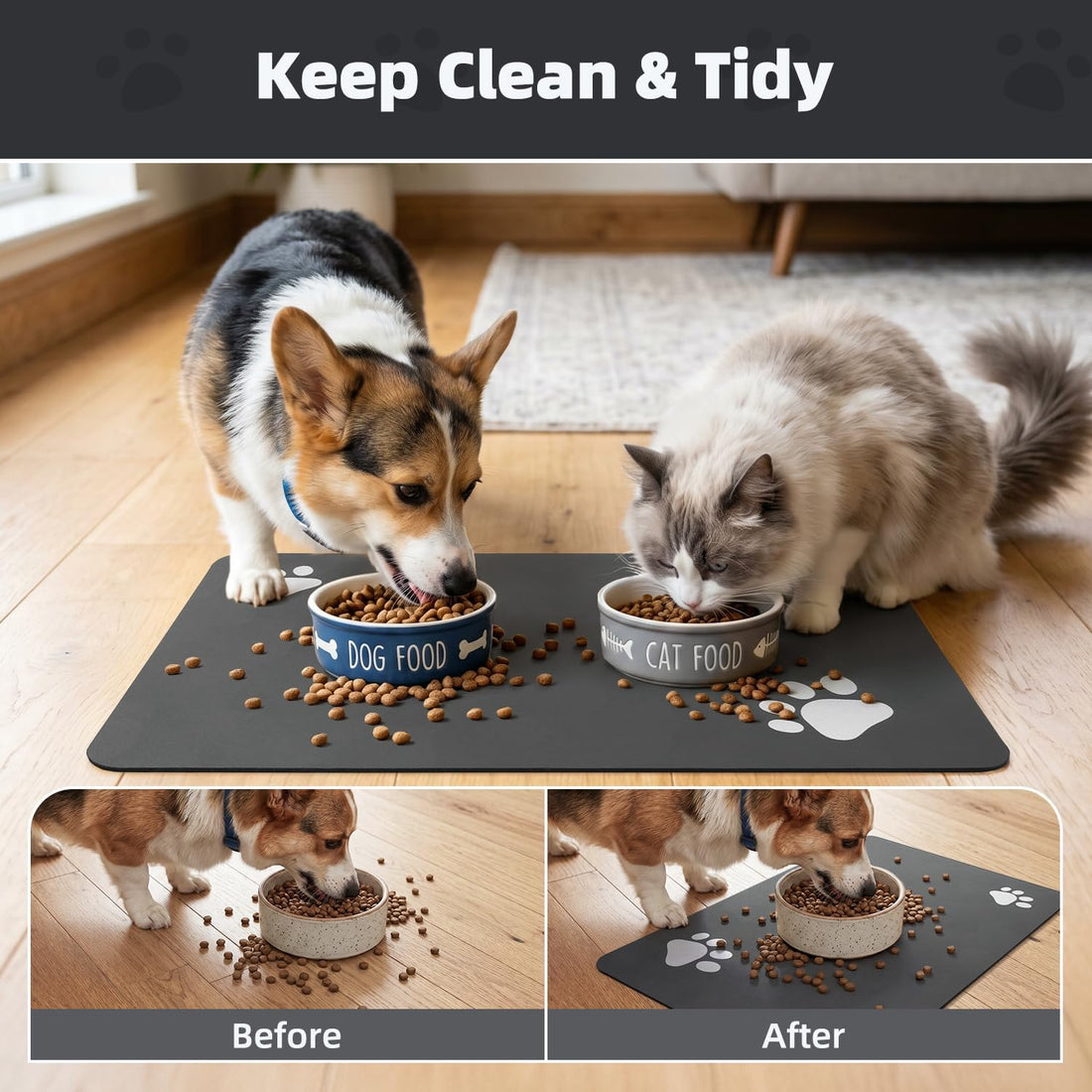 PADOOR Pet Feeding Mat-Absorbent Dog Mat for Food and Water Bowl-No