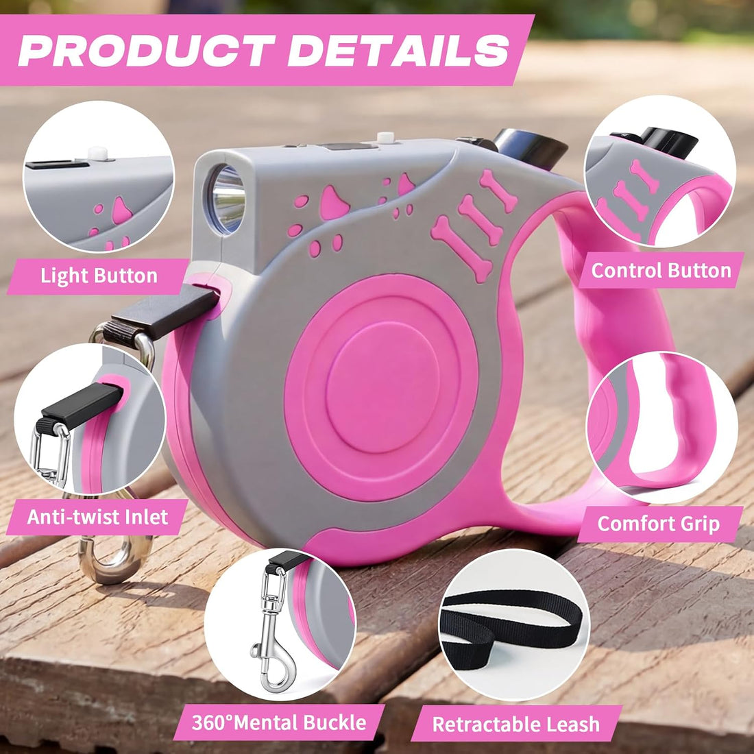 Retractable Dog Leash with USB Rechargeable Flashlight