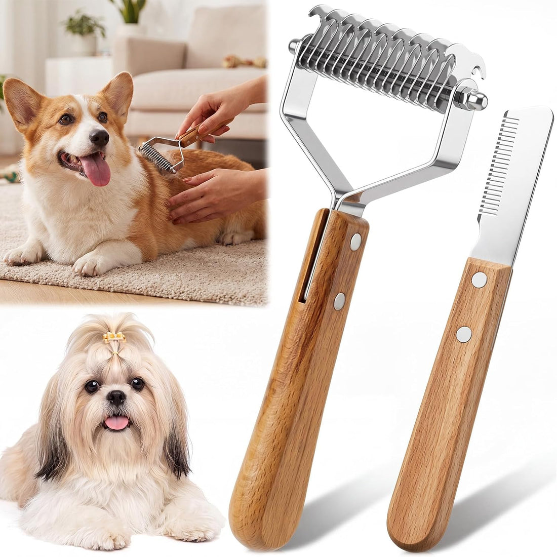 2 Pcs Pet Grooming Combo Deshedding Brush and Stripping Knife