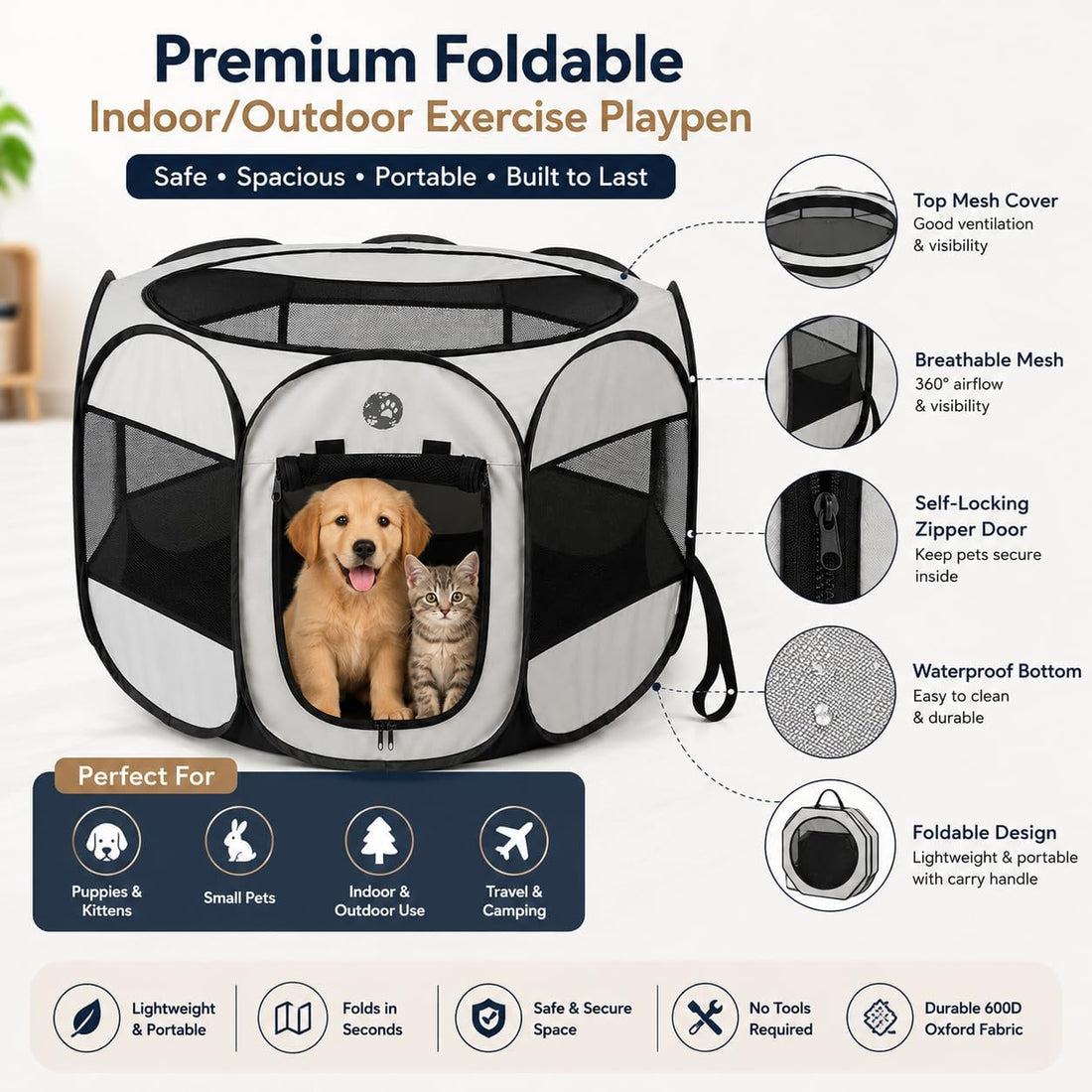Portable Dog or Cat Playpen - Lightweight Durable Playpen for Pets
