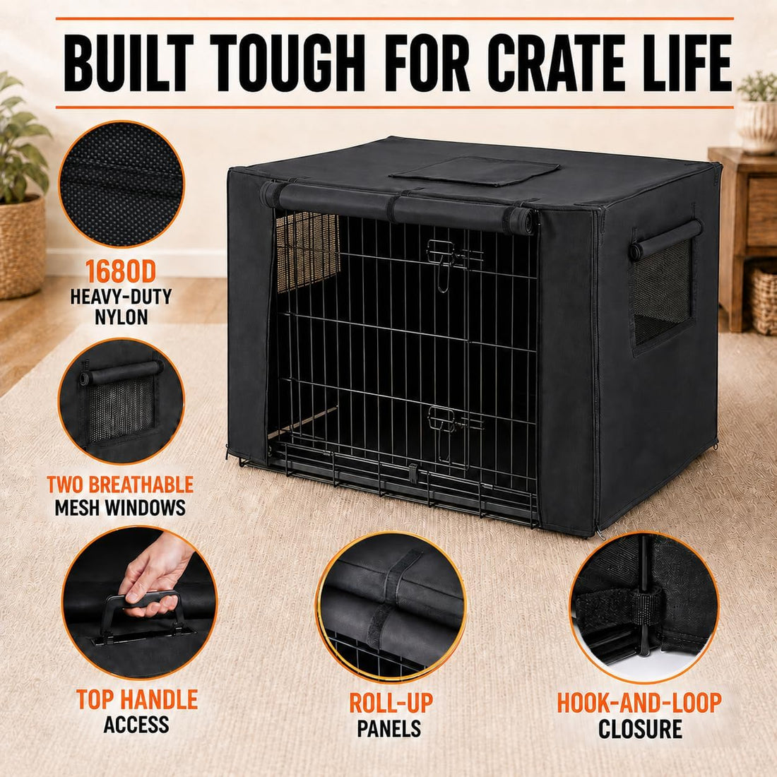 Chew Proof Dog Crate Cover, 36 Inch, 1680D Heavy Duty Nylon, Black
