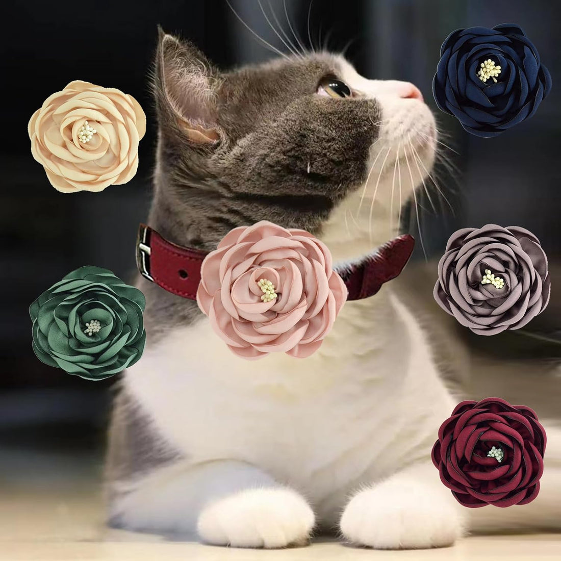 6 Pcs Dog Collar Accessories Slide-On Satin Flower Charms