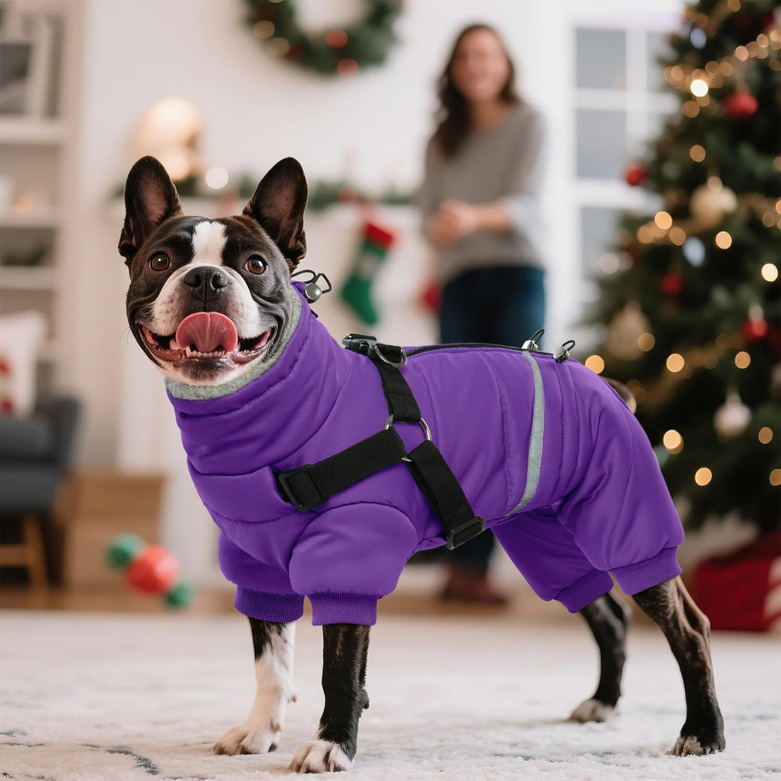 BRKURLEG Purple Dog Coat with Harness, Dog Winter Jacket