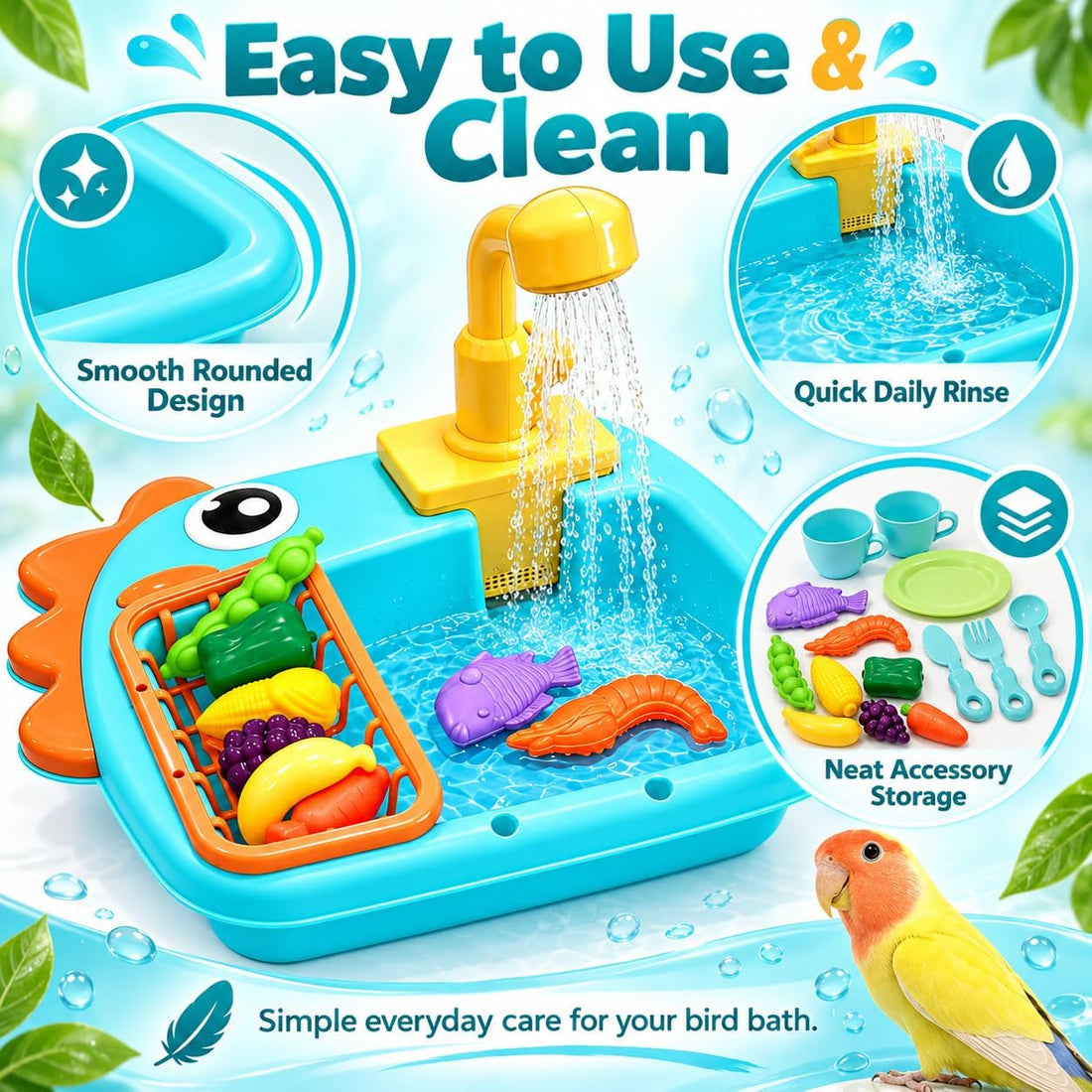Automatic Bird Bath with Faucet for Parakeet, Budgie