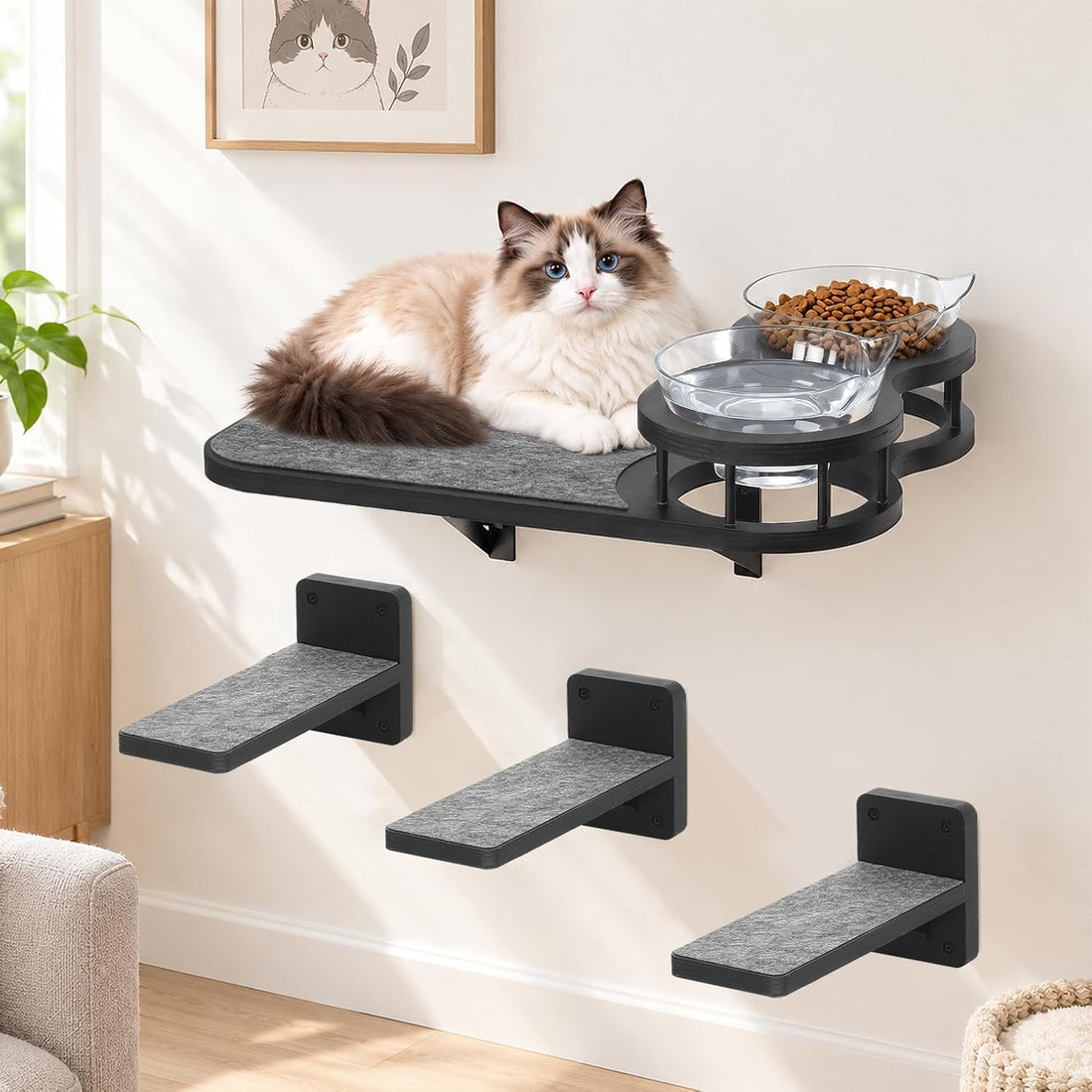 Cat Wall Shelves Furniture Set with 2 Food Bowls