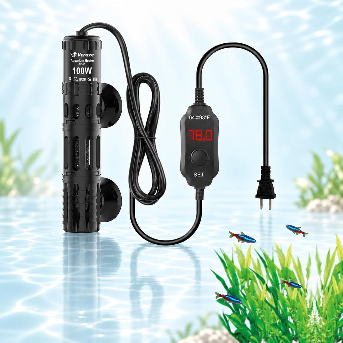 100W Aquarium Heater for 10-20 Gal Tanks with External LED Temp