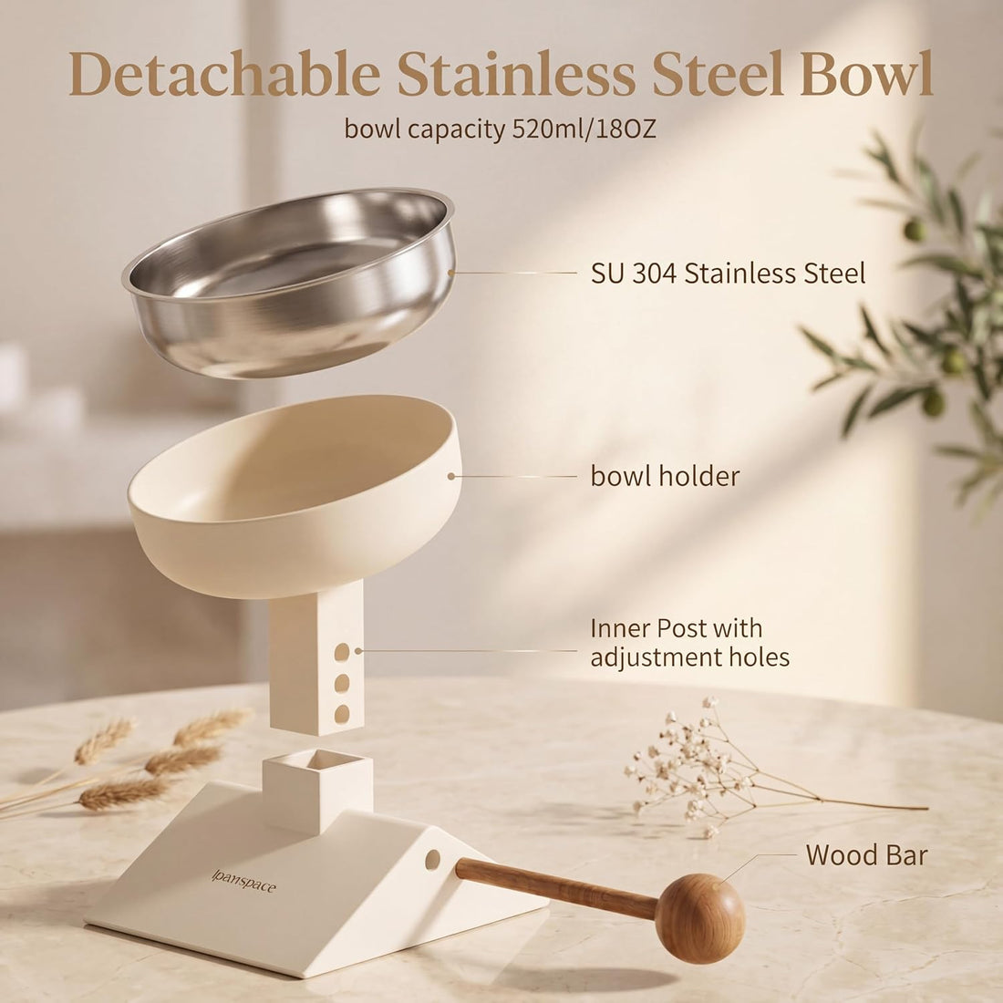 Adjustable Elevated Cat Bowl, 304 Stainless Steel Bowl, 18oz