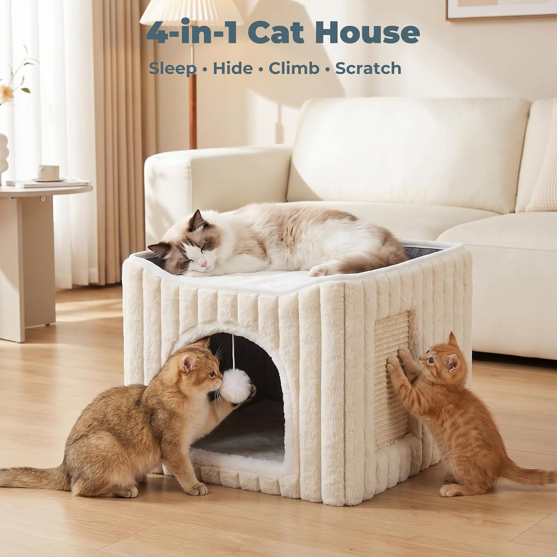 Avont 3-in-1 Cat Cave Bed for Indoor Cats with Scratch Pad