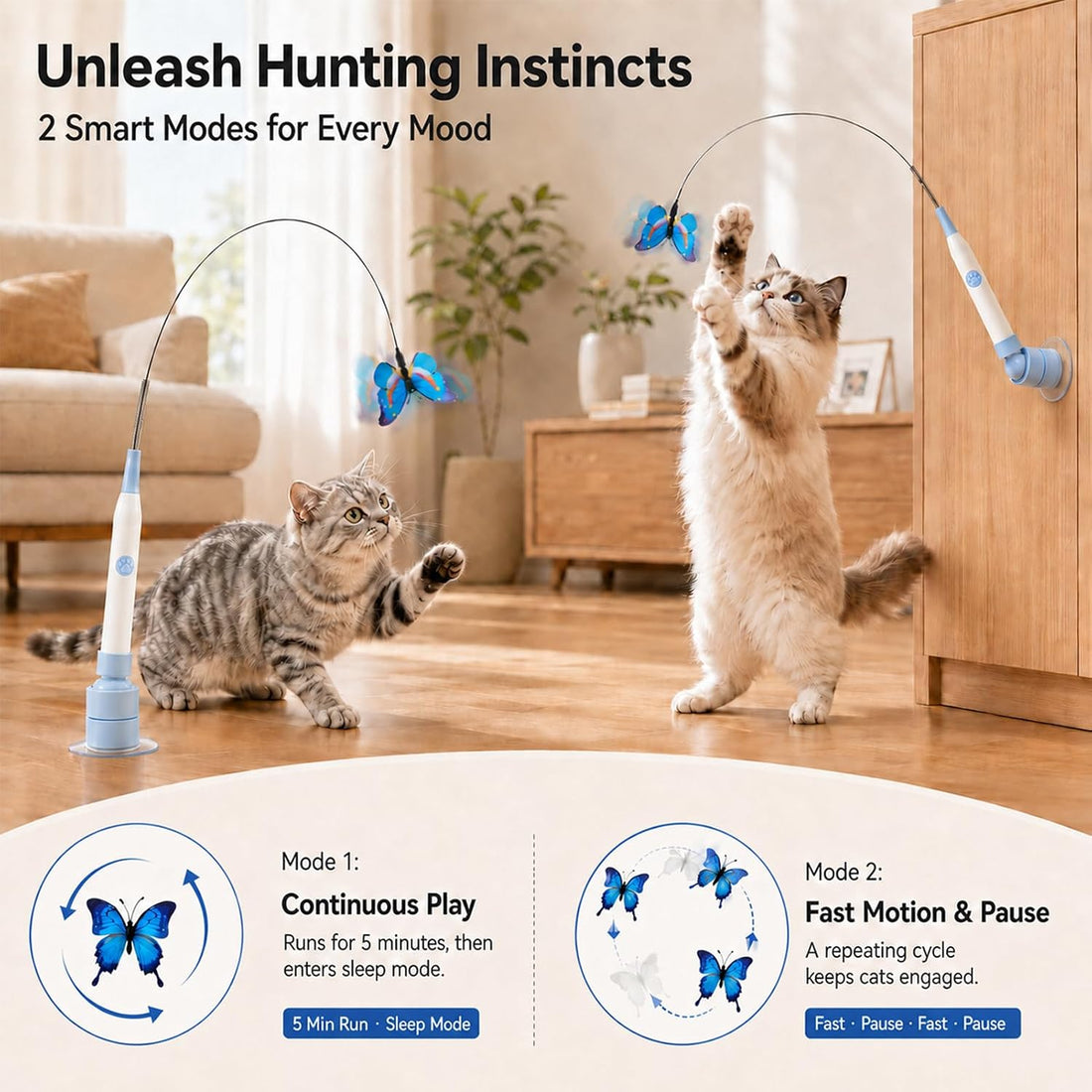 Interactive Butterfly Cat Toy Dual Mode Suction Wand Indoor Cats